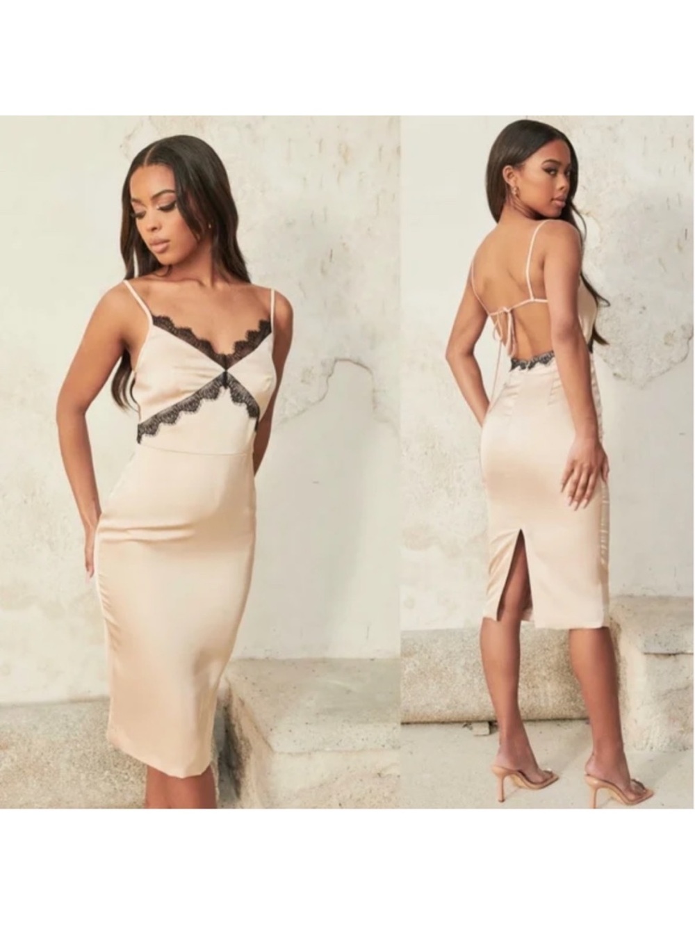 NWT Lavish Alice Contrast Lace Open Back Champagne Midi Slip Dress Size 10